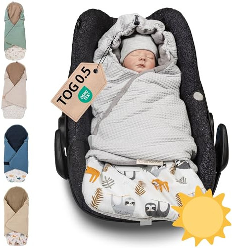 ULLENBOOM Einschlagdecke Babyschale Sommer, Aus 100% OEKO-TEX Materialien - Grau Faultiere (Made in EU) - Decke für Babyschale & Kinderwagen, Für gängige Kindersitze, ideal für 0 bis 9 Monate