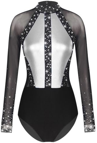iEFiEL Turnanzug für Damen Langarm Gymnastikbody mit Strass Patchwork Metallic Tanzbody Ballett Trikotanzug Wettbewerb Leotards Dunkelgrau XL