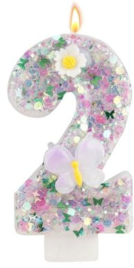 Bolosa Geburtstagskerzen Zahlen 2 mit Schmetterling und Blumen - Rosa Kerzen für Kinder, Jungen, Mädchen - Geburtstagsdeko, Party, Jubiläum