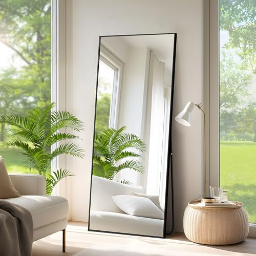 NIMURY Miroir sur Pied 165 x 60 cm, Grand Miroir Mural en Pleine Longueur avec Cadre en Aluminium Noir, Miroir Rectangulaire pour Salle de Bain, Chambre, Entrée et Couloir