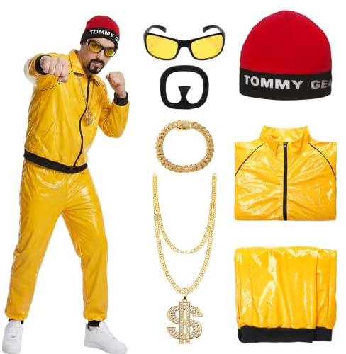SERTAS Ali G Costume Adult 90s Rapper Costume Leather Yellow Shell Suit with Hat Glasses Beard Dollar Chain Bracelet for Halloween Party Carnival