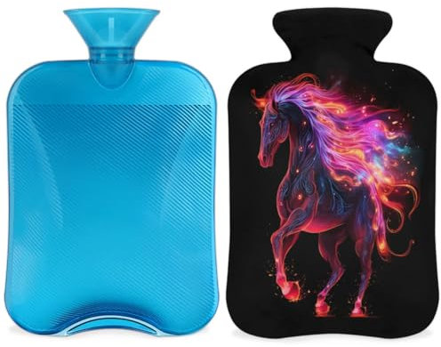 Glowing Horse Hot Water Bottle with Cover, Colorful Horse Hot Water Bottle with Cover, 2L Hot Water Bag for Pain Relief, Neck and Shoulder, Hand Feet Warmer