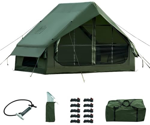 WaldZimmer 6sq Green Inflatable Camping Tent with Hand Pump Easy Setup Waterproof Windproof Outdoor Blow up Tent 3-4 Person Oxford 4 Season Glamping Air Tents Cabin House with Mesh Windows & Door