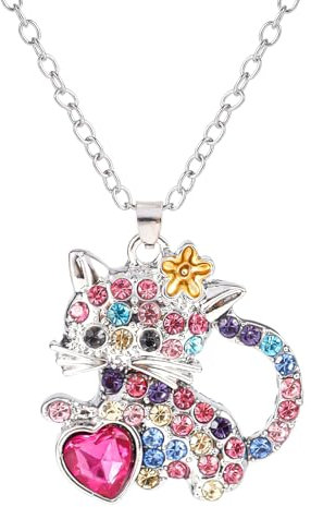 Mikovivi Cute Kitty Rhinestone Heart Necklace - Shiny Cat Jewelry Charm Gift for Women Cat Lovers (Colored)
