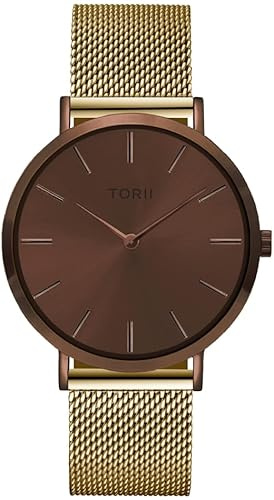 TORII Damenuhr Braun Edelstahl - rund Quarz D38GM.DD Milanaise-Armband Strichindizes wasserdicht 50 m