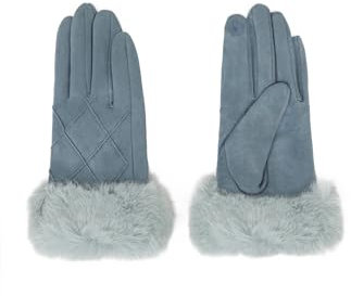 QUEEN HELENA Winterhandschuhe aus Wildleder mit weichem Fell, warm, elegant, für Damen G03-1, hellblau, Einheitsgröße
