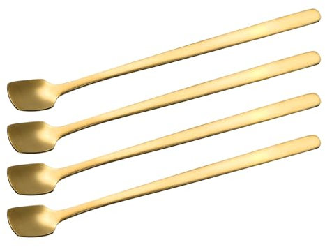 GLOKUUCA Stainless Steel Stirring Spoon - 4 Pack Long Handle Mixing Ice Teaspoon Fits for Cocktail Cold Drink Gold - Coffee Stirrers - (6-inch, Gold)