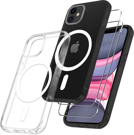 Funda para iPhone 11 Compatible con MagSafe,Funda Magnética iPhone11 con 2 Piezas Cristal Templado,Carcasa Protectora Antigolpes Transparente,Suave TPU Caso Delgada Anti-arañazos Case,6.1 Pulgadas