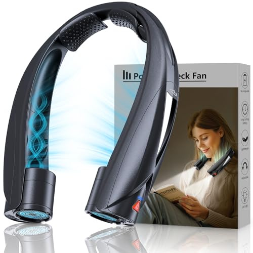 laimiod Ventilador de cuello portátil con luz LED para libros, batería larga de 6 a 20 horas, 6 velocidades ajustables, recargable por USB-C, ultra silencioso, refrigeración personal manos libres para