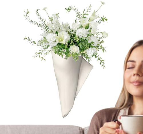 Wall Vase, Ceramic Hanging Planter, Decorative Floral Container, Elegant Handmade Design & Space-Saving Style, Home and Decoration, 4.72x3.15x9.65in