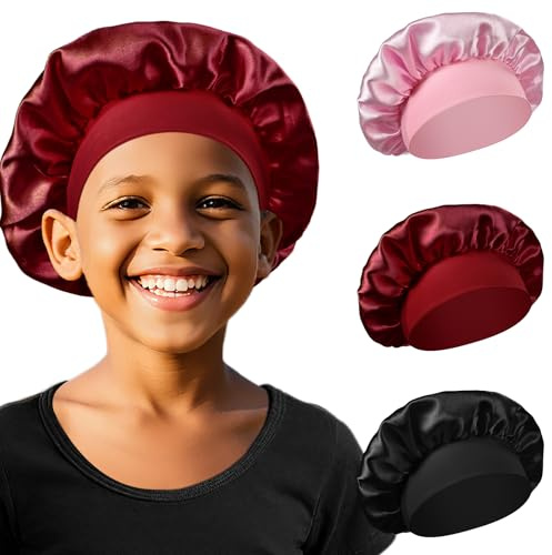 AOOWU Bonnet de Nuit, Dormir Bonnet Soie Cheveux Nuit pour Enfants, Elastique a Large Bande pour Dormir, Bonnet Satin Cheveux Nuit Ajustable, Double Couche Capuchon ChapeauSommeil pour Filles garçons