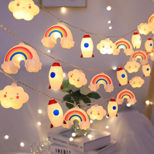 1.5M 10LED Lichterkette Kinderzimmer,Astronaut Rakete Wolken Regenbogen Design,LED Lichterkette Batteriebetrieben,für Innen Außen Themenparty,Weihnachten,Inneneinrichtung,Party Deko