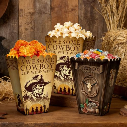 12PCS Cowboy Goodie Bags Western Theme Party Decorations Wild West Favors Box Rodeo Cowgirl Hat Popcorn Boxes for Cowboy Birthday Shower Party Supplies