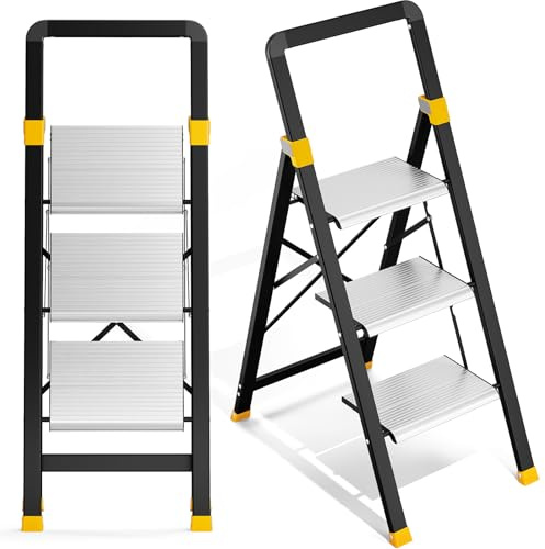 KINGRACK Trittleiter 3 Stufen Klappbar Aluminium, Klappleiter mit Handlauf, Haushaltsleiter Anti-Rutsch-Stabilem und Breitem Peda, Leiter bis 150kg Belastbar für Haushalt, Küche, Büro