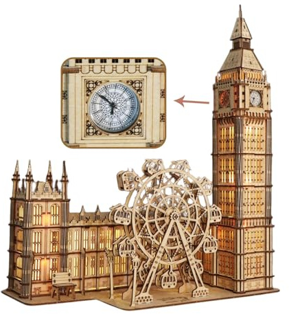 3D Wooden Puzzle Big Ben Clock Scene Ferris Wheel Model To Build Kit for Adults DIY Craft Unique Display Piece Perfect Christmas or Birthday Gift