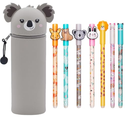 ZappelStift 7 Radierbaren Gelstiften Set + Kawaii 2-in-1Federmäppchen, Silikontasche Mäppchen, Tiermotiv, einer Vielzahl von Tintenfarben und Schaftdesigns, 0,7mm Spitze (Koala-B)