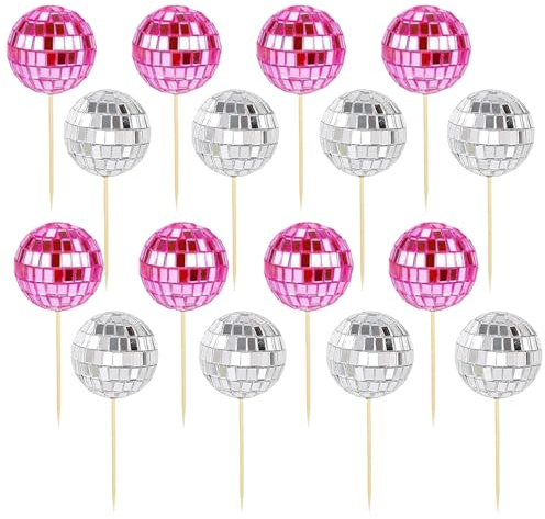 YYTOL Mini Discokugel Cake Topper 16 Stück Tortendeko Kugeln Discokugel Klein Kuchen Deko Geburtstag Tortendeko Silber Rosa für Party