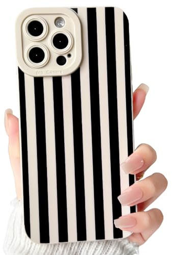 NITITOP Compatible with iPhone 15 Pro Max Case Cute Striped - White Black | for Women Girls Men Boys, Line Stripes Pattern, Soft TPU Shockproof Cover, Full Camera Protection