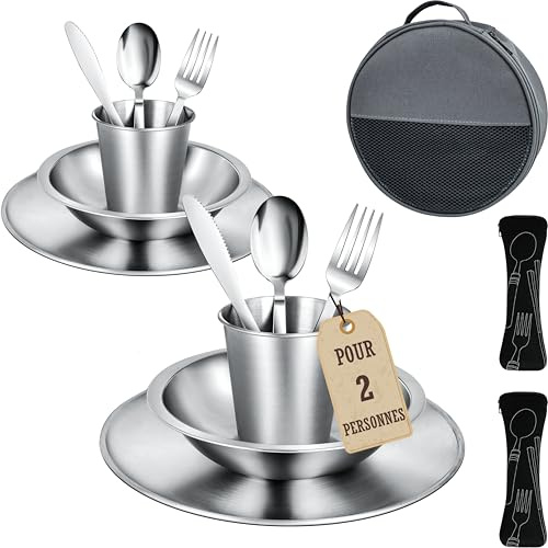 Set de Cubiertos Camping – Vajilla de Acero Inoxidable con Platos, Cuencos, Vasos y Cubertería – Incluye Bolsa ideal para Acampada, Picnic, Caravana, Barbacoa o Exterior. [Juego 15 Piezas/ 2 Personas]