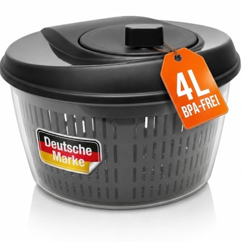 Lomatek Salatschleuder 4 L – große Salat‑Schleuder mit Kurbel, Siebeinsatz & Rutschfester Basis – in anthrazit/transparent, Kunststoff BPA‑frei, Spülmaschinengeeigneter Salattrockner
