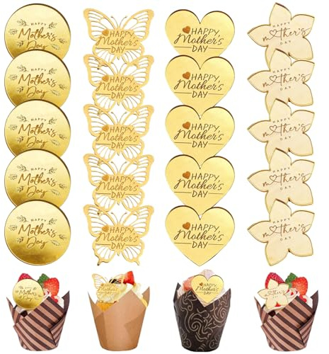 Acrylic Happy Mother's Day Cupcake Toppers 20 Pcs Gold Mirror Disc Engraved Flower Butterfly Love Cake Decorations Party Supplies