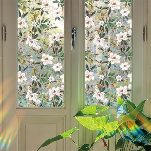 Aptliton 3D Decorative Flower Design Stained Glass Window Film, Non-Adhesive Static Cling Privacy Sticker – UV-Proof Sun Protection, Easy Removable Rainbow Glass Decal for Home Decor, 43x200cm