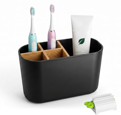 Porta Spazzolino con Divisori in Legno Porta Spazzolino Bagno Organizer Bagno Porta Spazzolini con 5 Scomparti Porta Spazzolino Elettrico Supporto Spazzolino Porta Dentifricio