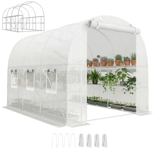 Outsunny Gewächshaus Foliengewächshaus mit Regalen 2,7 x 2 x 2 m Weiß | Rollbar, Reißverschlusstür, 6 Netzfenster, Stützstangen, UV-beständig, Folientunnel, Winterfest Tomatenhaus