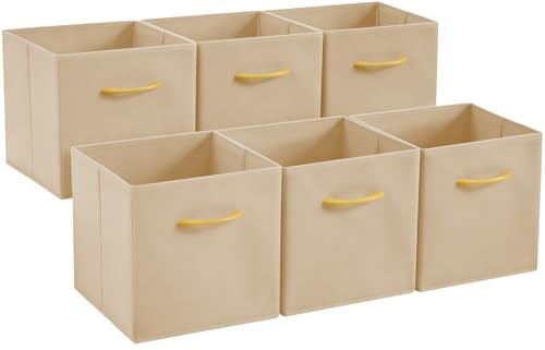 Collapsible Fabric Storage Cubes, Pack of 6 Foldable Boxes with Handles | Khaki 33 x 38 x 33 cm | Non-Woven Fabric | Open-Top Cube Shelf Baskets For Wardrobes, Toys, Clothes & Nursery