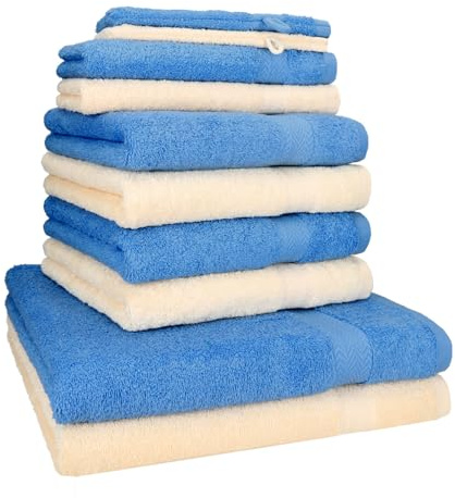 Betz 10-TLG. Handtuch-Set Premium 100% Baumwolle 2 Duschtücher 4 Handtücher 2 Gästetücher 2 Waschhandschuhe Farbe Beige & Hell Blau