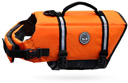 VIVAGLORY Rip Stop Schwimmweste Hund, Hundeschwimmweste, Schwimmhilfe & Auftrieb, Rettungsweste Hund für Bootfahren, L, Neon-Orange