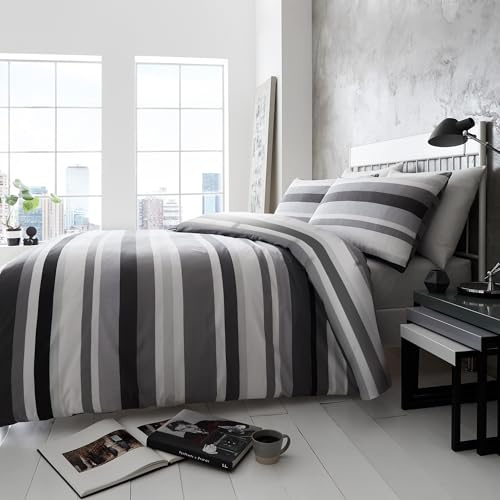 Happy Linen Company Simply Stripes Black Charcoal Grey White Double Reversible Duvet Cover Bedding Set
