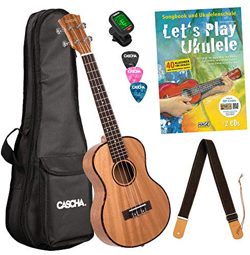 Cascha Tenor Ukulele Set Kinder Erwachsene I Ukulele Starter Kit 3 Plektren Tasche Gurt Lehrbuch Stimmgerät I Tenor Ukulele Premium Mahagoni I Kleine Hawaii Gitarre für Anfänger Fortgeschrittene