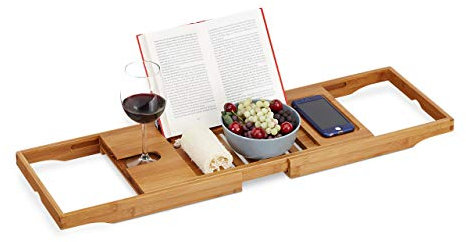 Relaxdays Bandeja Bañera Grande, Atril Libros, Soporte Tablet, Tabla Baño, Bambú, 1 Ud., Extensible 70-105 cm, Marrón
