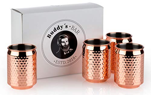 Buddy's Bar - 4 tasses pour canettes de cocktail, Ø 7,5 cm, H : 10,5 cm, 350 ml, tasse en acier inoxydable de haute qualité, canette fraîche pour boissons de fête, jeu de 4, cuivre martelé