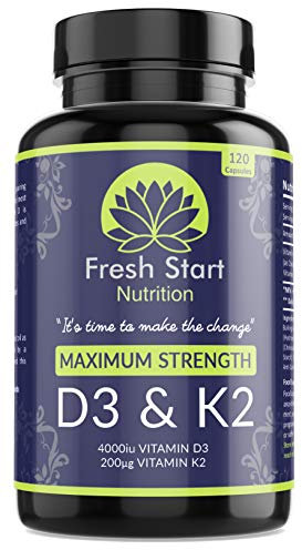 Vitamin D3 4000 IU and Vitamin K2 200µg MK7 - Vitamin D3 K2 High Strength Supplement - 120 Capsules 4 Month Supply Cholecalciferol - K2 Menaquinone-7 - Made in The UK