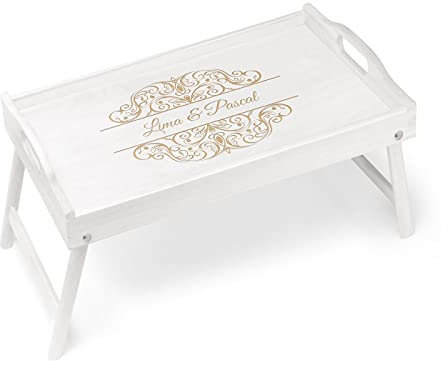 Maverton Frühstückstablett mit Gravur - für Zwei - Betttisch mit Griffen - klappbare Beine - Weiß - Geschenk für Paare - Einzugsgeschenk - Hochzeitsgeschenk - Verzierung