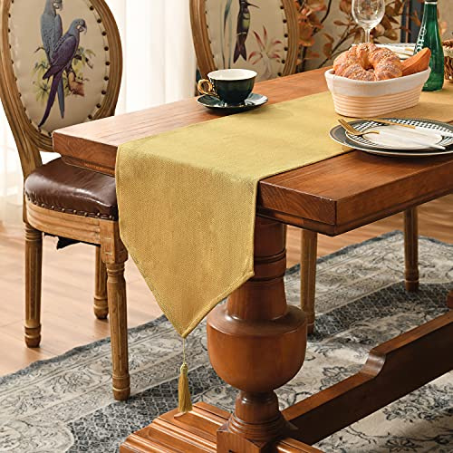 Tischläufer Gold 35 x 180 cm modern Tischband Quasten Waschbar Glänz-Effekt | Tischläufer Uni Pflegeleicht Tischläufer outdoor Küche Party Weihnachten Geburtstag Hochzeit Dekoration