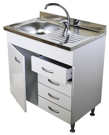 Arredobagno e Cucine Mueble bajo lavabo blanco, 1 puerta y cajonera, sin fregadero de acero inoxidable, 80 cm