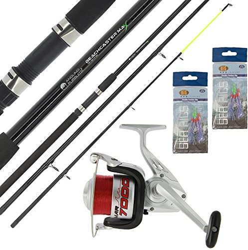 Sea Beachcaster Angelrute, 3,6 m, 3 Stück & 1BB Rolle, 9 kg rote Schnur und 2 x Feder-Kombination