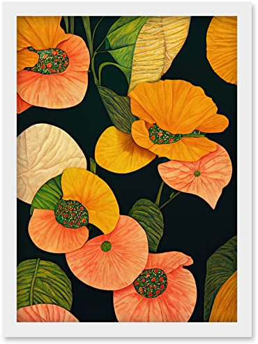 Wee Blue Coo Modern Tropical Lake Flowers Orange Yellow Peach Cream Warm Colours on Dark Green Artwork Framed Wall Art Print A4