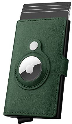 WALLFID Portafoglio AirTag Porta carte di credito da uomo, porta carte di credito in pelle Porta carte di credito pop-up in metallo con blocco RFID.(verde scuro)
