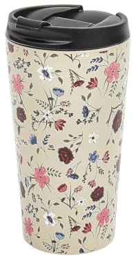 ECO CHIC Tasse à café thermique réutilisable | Tasse de voyage isotherme en acier inoxydable avec couvercle anti-fuite | Utilisable pour boissons chaudes et froides (Floral Beige)