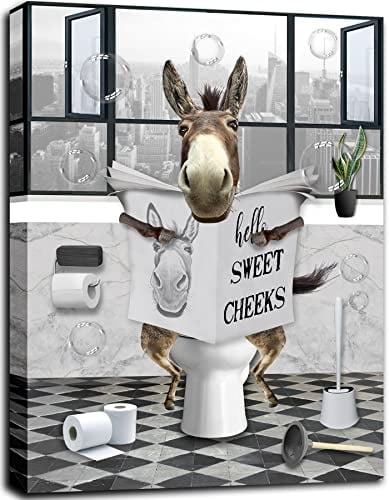 PIMULSAA Lustiger Esel sitzend in der Toilette Lesen Zeitung Poster Leinwand Wandkunst für Toilette Badezimmer (gerahmt, 30,5 x 40,6 cm)