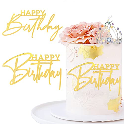 2pcs Happy Birthday Cake Topper Glitter Gold Acrylic Cake Decorations Supplies for Birthday Cake