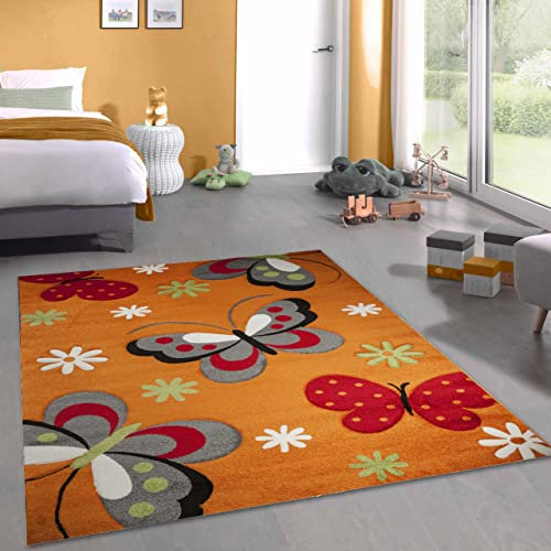 CARPETIA Süßer Kinderzimmerteppich mit Schmetterlingsdesign • farbenfroh • orange, 160 x 230 cm
