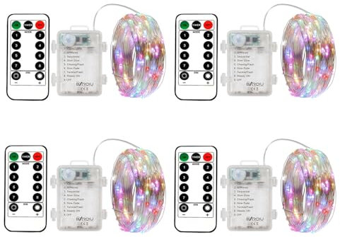 BXROIU 4 x 50 LEDs Stringa Luci a Batteria,Catene Luminose Filo d'Argento 5M,8Modalità,Timer e Telecomando,per Interni ed Esterni,Feste,Matrimoni,Giardino e Decorazione Natalizia (multicolore)