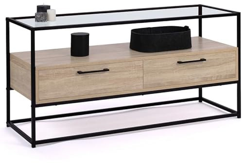 IDMarket Solano - Mueble TV 113 cm 2 cajones bandeja de cristal y pie metal diseño industrial