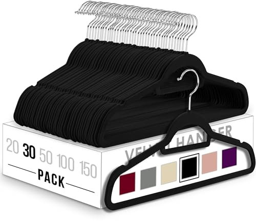Utopia Home -Premium-Antirutsch-Kleiderbügel aus Samt - rutschfeste und strapazierfähige Kleiderbügel aus Samt mit Krawattenhalter - Stark genug, Jacken und Pullover zu halten (Schwarz, 30er-Pack)