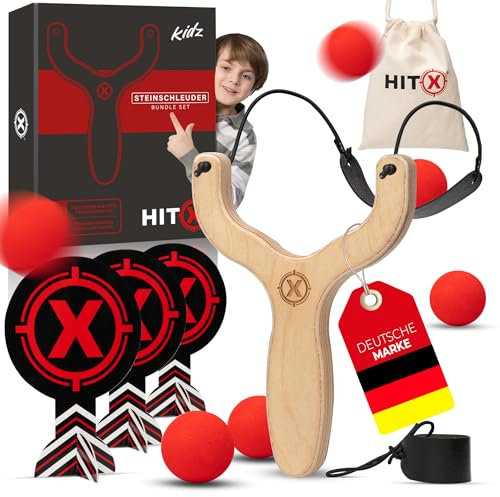 HITX® Steinschleuder Kinder mit 6 weichen Bällen & 3 Zielen aus Pappe | Zwille Kinder einfach zu bedienen | Slingshot Schleuder Kinder Komplettset mit Ersatzgummi für Schleuder | Kidz Zwille